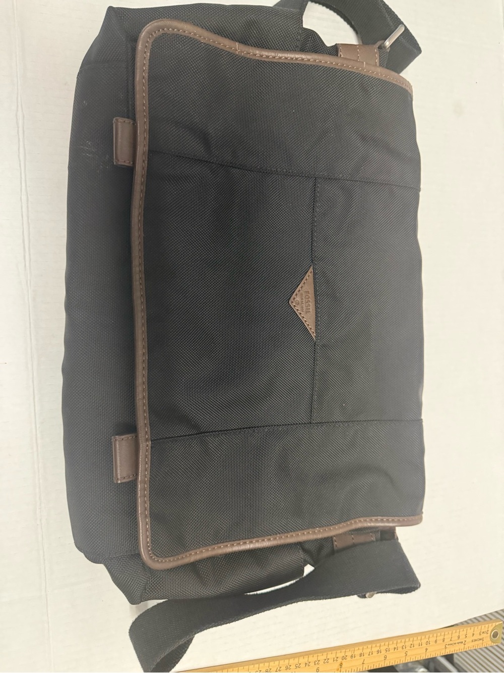Fossil Black Messenger Bag with Brown Trim